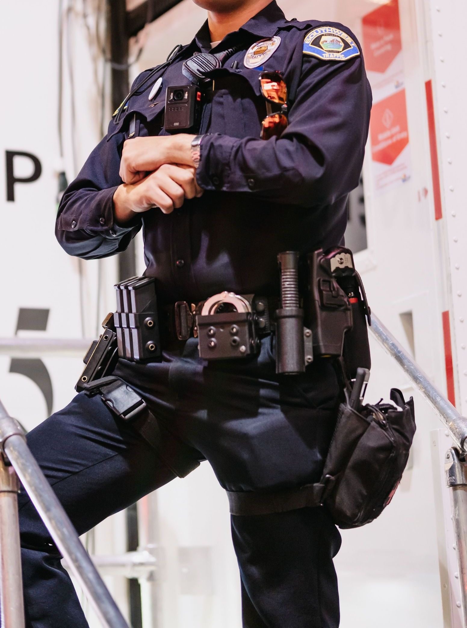 Portrait of a smiling policeman in uniform standing confidently outdoors.